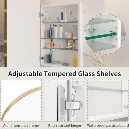 Gold Medicine Cabinet Mirror,Left or Right Opening,Arched Medicine Cabinet Mirror Wall Mounted,Bathroom Mirror with Storage, Adjustable Shelves, Not Recessed, 16x32 inch