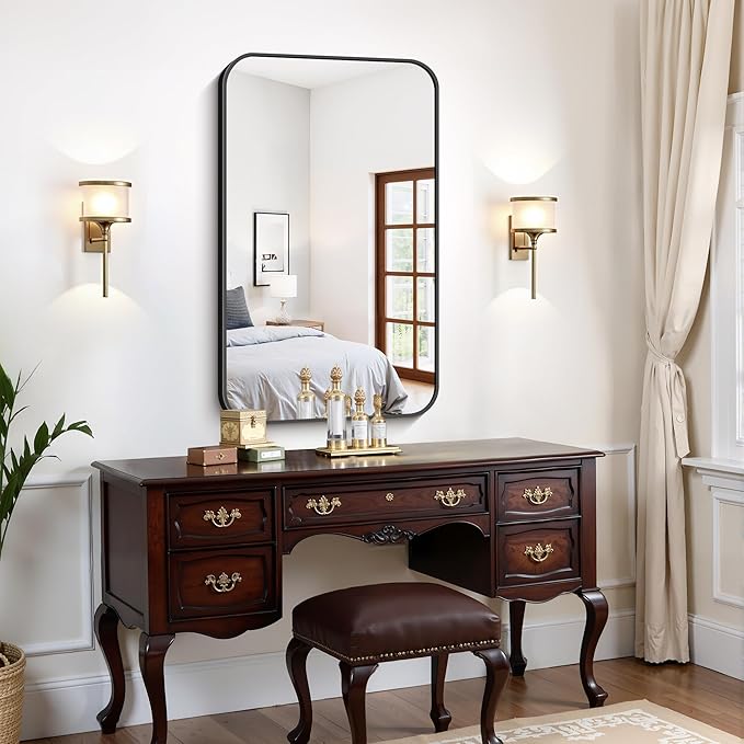 FORBATH Bathroom Mirror for Over Sink 24x40 Inch Black, Rectanglar Wall Mirror with Metal Frame, Rounded Corners for Bathroom, Bedroom, Entryway Decor (Horizontal or Vertical)