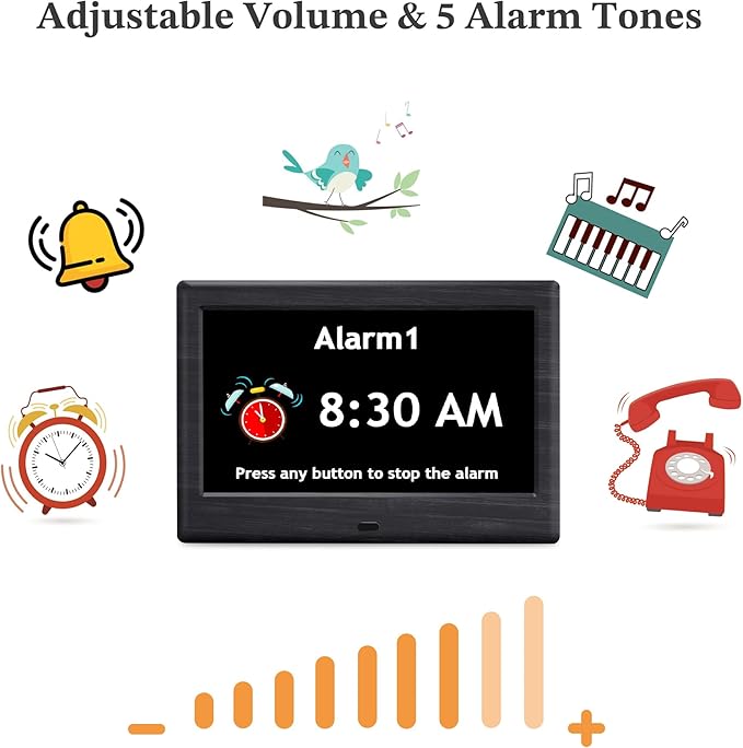 7'' Digital Clocks, 12 Reminders & 6 Alarms, Dementia Clock with Date and Time for Elderly, Auto-Dimming, Button & Remote Control, Auto DST, Digital Calendar for Seniors Large Display, Black Woodgrain