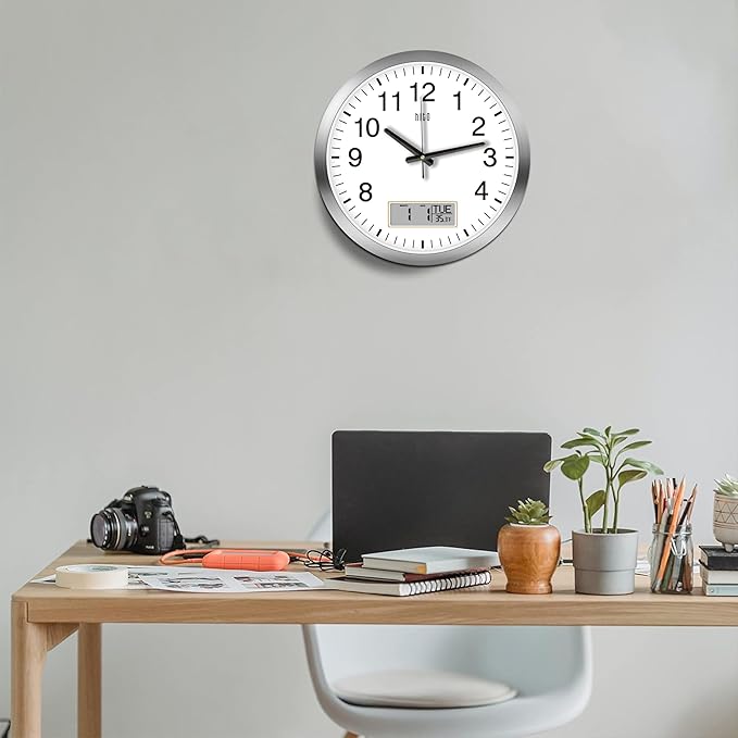 HITO 16 Inch Silent Wall Clock Battery Operated with Temperature and Date, Large Wall Clock for Living Room Decor, Office, Classroom, Bedroom