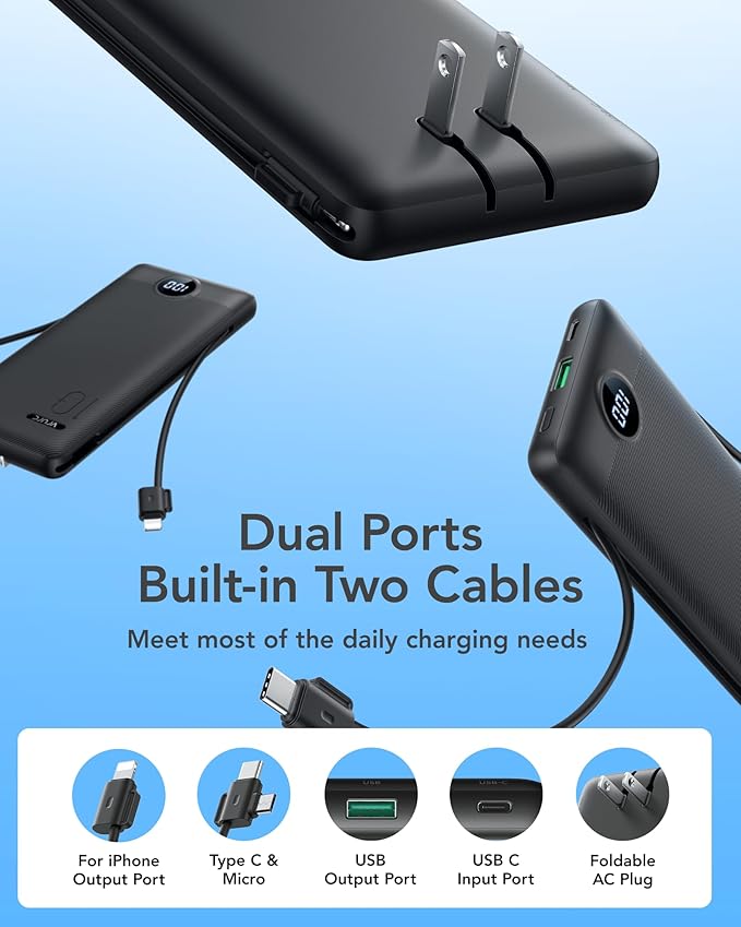 VRURC Portable Charger with Wall Plug, 10000mAh Slim Portable Charger Built in Cables,PD 20W Fast Charging Power Bank with Cords,USB C Portable Phone Charger Travel Accessories -Black(1 Pack)