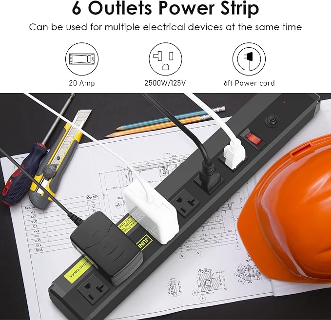 JUNNUJ Heavy Duty 20 Amp Power Strip 2 Pack, High Amp Surge Protector 6 Outlet, 20A Power Workshop Industrial Outlets Wide Spaced 6-20R T-Slot with Circuit Breaker,12 Gauge Extension Cord 6ft