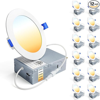 Ensenior 12 Pack 4 Inch LED Recessed Ceiling Light, Dimmable, 2700K-5000K 5CCT, 750LM 9W 120V, High Brightness Canless Wafer Downlight - ETL&FCC&IC