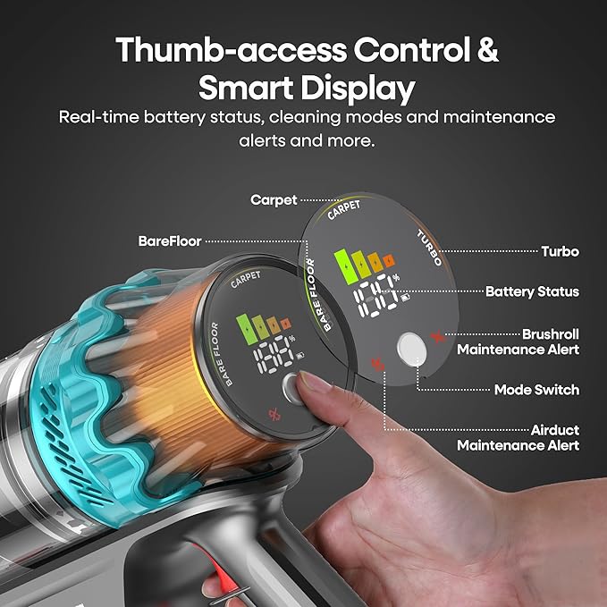 ElecKeys Cordless Vacuum Cleaner, 600W 50KPA 70Mins Self-Standing Vacuum Cleaners for Home, Stick Vacuum with Touch Screen, Upgraded Anti-Tangled Vacuum Cordless for Pet Hair, Floors, Carpets, Gold
