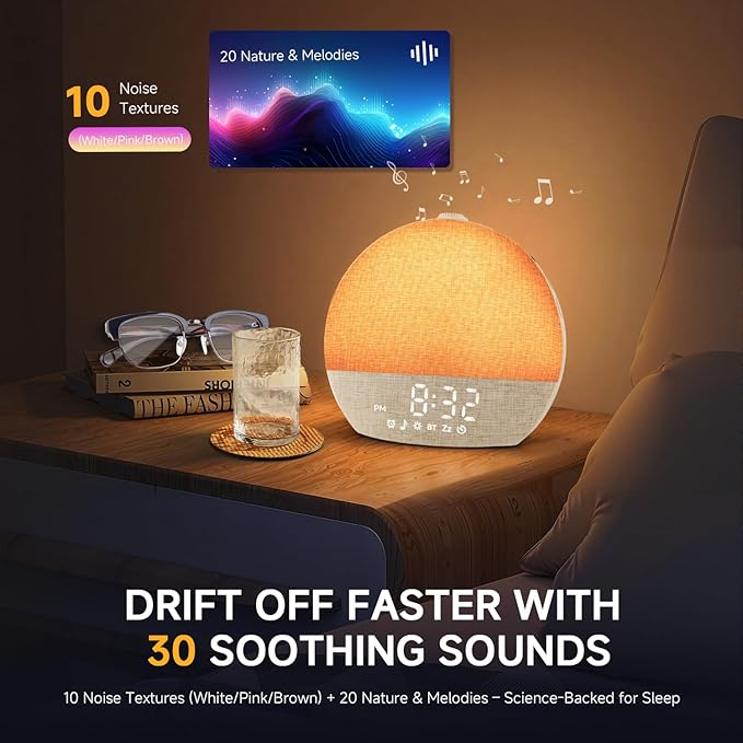 Geuuap Sunrise Alarm Clock White Noise Sound Machine for Bedroom | Natural Wake-Up Light with 30 Soothing Sleep Aids, Bluetooth Speaker, Dimmable Clock, Screen-Free Design for Baby Adults Kids-Khaki
