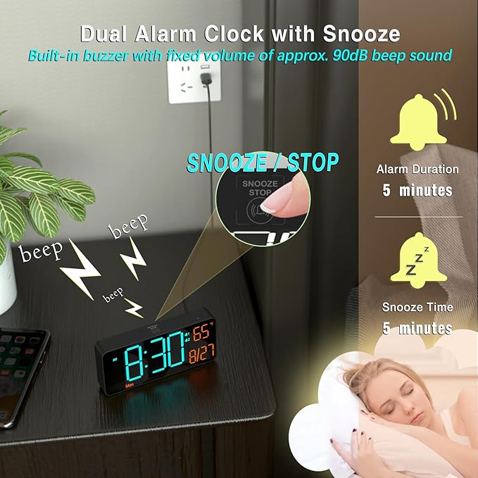 KOSUMOSU Digital Clock for Bedroom 6.7in Alarm Clocks for Living Room, Auto Dimming,Date,Week,Seconds,Indoor Temperature, Small Digital Alarm Clock for Classroom,LED Alarm Clocks for Bedrooms