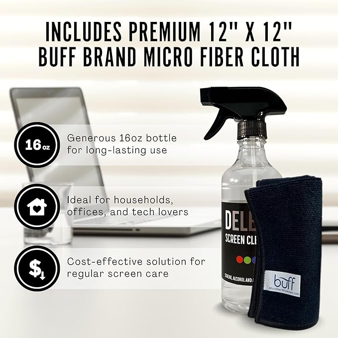 Delete Screen Cleaner Spray Kit, 16oz Bottle and 12"x12" Microfiber Cleaning Cloth, Streak-Free, Safe and Gentle Formula, Multi-Purpose for Devices, Large TVs, Computers, Monitors, Smart Phones