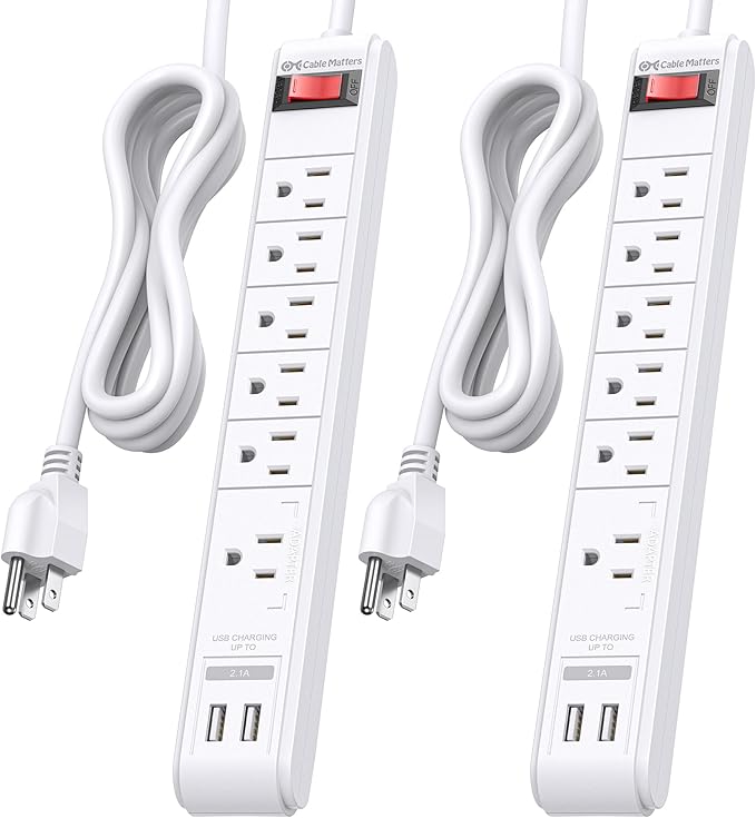 [ETL Listed] Cable Matters 2-Pack 6-Outlet Surge Protector Power Strip with USB Ports - 8ft, Long Extension Cord, Surge Protector with USB Ports, White