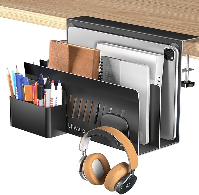 Litwaro Desk Side Storage Organizer, 2 Tier Laptop Holder Clamp on Desk Organizer, No Drill Laptop Mount with Magnetic Pen Holder, Hanging Desk Organizer Fits Flat Edge Table 0.4" to 2.1" (Black)