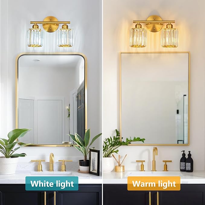 FDPBY Modern 2 Light Crystal Vanity Light, Brushed Gold Vertical Bathroom Light Fixture Over Mirror for Dressing Table Sink, Compatible with Dimmable Bulbs (Bulbs Not Included)
