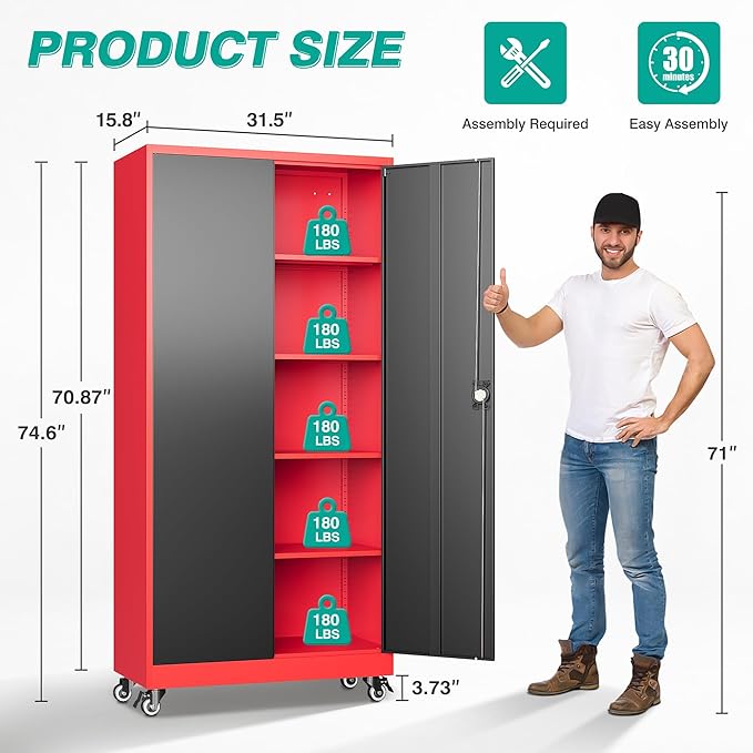 SISESOL 75" Tall Metal Storage Cabinet with Wheels,Rolling Garage Storage Cabinet with Lock,Red Metal Cabinets on Wheels,Locking Tool Cabinets on Wheel for Garage,Home,Office,Shop