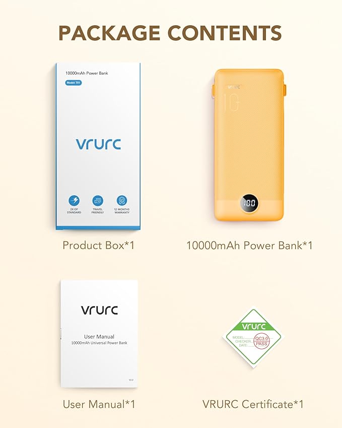 VRURC Portable Charger Built-in Cables and AC Wall Plug, USB C Power Bank 10000mAh, Travel Battery Phone Charger Compact Lightweight External Battery Pack for Smart Phones, Tablets etc-Orange