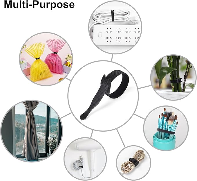 OneLeaf 110PCS Reusable Cable Ties, Adjustable 8-inch Cord Organizer Ties, Multi-purpose Hook Loop Cable Management Wire Ties for Organizing Home, Office, Data Centers, Black