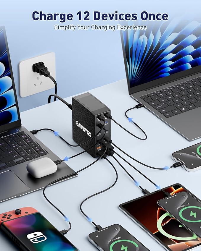 USB Charging Station (600W),12-Port USB C Charger Block with Dual 100W PD USB-C Fast Charging Station Hub for MacBook Pro/Air/All iPad Phone 17/16 15/14/13/Pro Max/Samsung Galaxy Note (Black)