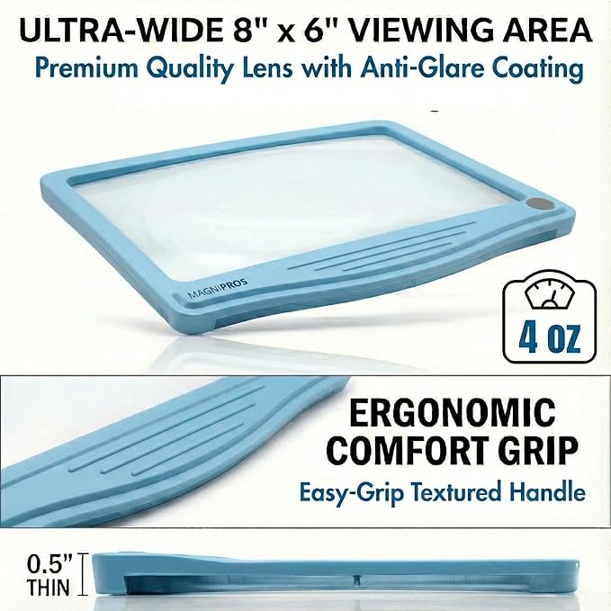 MagniPros 5X Rechargeable Large Ultra Bright LED Page Magnifier with Anti-Glare Lens & 3 Color Light Modes, Relieve Eye Strain- Ideal for Reading Small Prints, Low Vision, Seniors