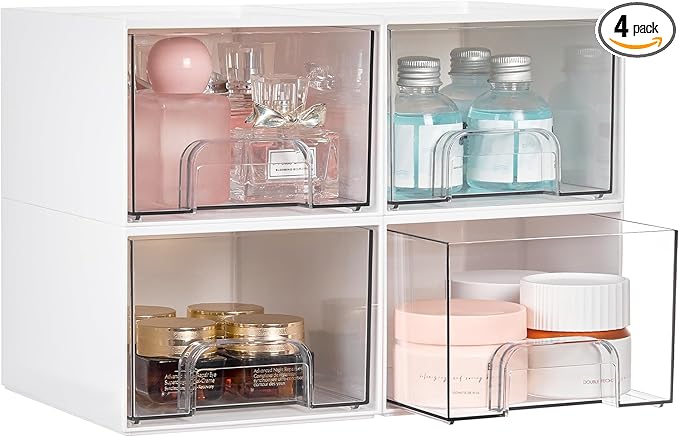 Vtopmart 4Pack Small Stackable Storage Drawers, Bathroom Makeup Organizer,Plastic Storage Bins For Vanity, Undersink, Kitchen Cabinets, Pantry, Home Organization(White)