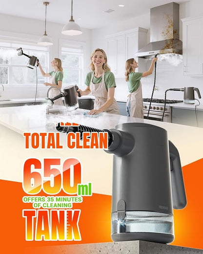 TEEVOGO Handheld Steam Cleaner for Home, Portable Steamer Cleaner with 12 Accessories, 15S Fast Heat Up, Steam Adjustable, Steamer for Cleaning Grout, Floor, Kitchen, Bathroom, Windows, Black