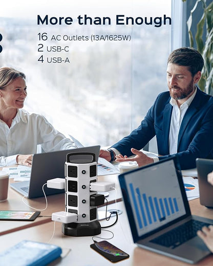 Power Strip Tower Surge Protector - JACKYLED 16 AC Outlets(13A) 6 USB Ports Electric Charging Station, 1050J Surge Electric Tower, 1625W Outlet Extender, 6.5ft Heavy Duty Extension Cord for Home