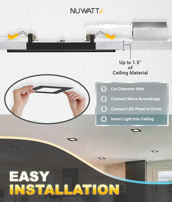 NUWATT 12 Pack 4 Inch Square Ultra-Thin LED Recessed Lighting, Selectable 2700K/3000K/3500K/4000K/5000K, 630 Lumens Dimmable, IC Rated, Black Slim Panel Light, Canless Wafer Lights, Metal J-Box