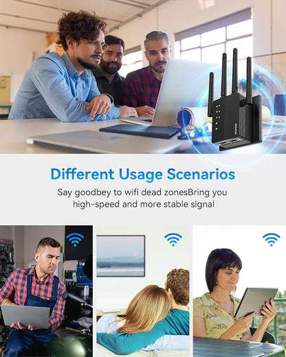 WiFi Extender Signal Booster, 1200Mbps WiFi Booster, Long Range up to 12880 Sq Ft, 105 Devices, 2.4/5GHz Internet Extender WiFi Booster with Ethernet Port(Black)