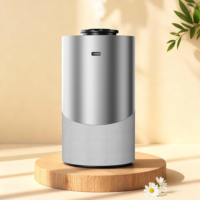 Waterless Essential Oil Diffuser for Home (Aluminum Alloy & Fabric) - Cordless Car Scent diffuser with 3 Timer & 3 Mist Levels - 2000mAh Battery Operated Scent Air Machine for Room Office Hotel,Silver