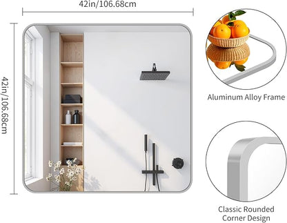 FORBATH 42x42 Inch Silver Bathroom Mirror for Over Sink, Large Square Wall Mirror with Metal Frame, Rounded Corners for Bathroom, Bedroom, Entryway Decor (Horizontal or Vertical)