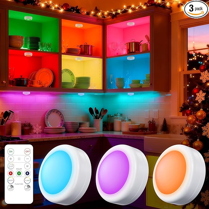 Yiliaw 3 Pack LED Puck Lights Remote Control 16 Color Changeable Under Cabinet Lights, Battery Operated Lights Night Light with Dimmer & Timmer for Closet Bedroom Kitchen, White