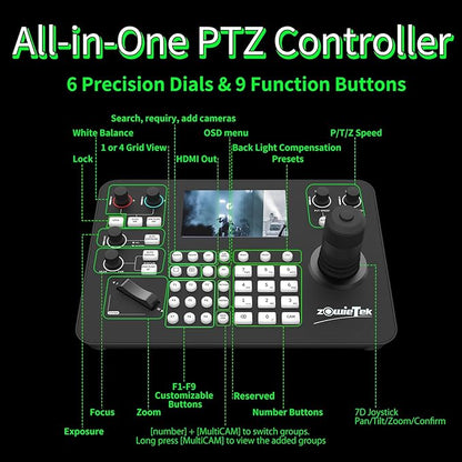 Zowietek PTZ Controller (NDI|HX3 Support) 7D Joystick Keyboard, ZowieKBD, HDMI Output, 5'' LCD Quad-View Real-time Display, Automatic Camera Detection, Group Control, ZowieEcosystem, Tally, Audio Out