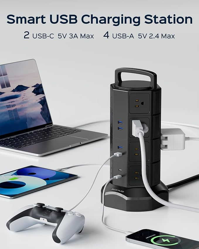 Power Strip Tower Surge Protector, JACKYLED 16 Outlets 6 USB (2 USB C) Charging Station, Extension Cord with Multiple Outlets, 1050J 1625W/13A Outlet Extender 6.5ft Extension Cord for Home Office