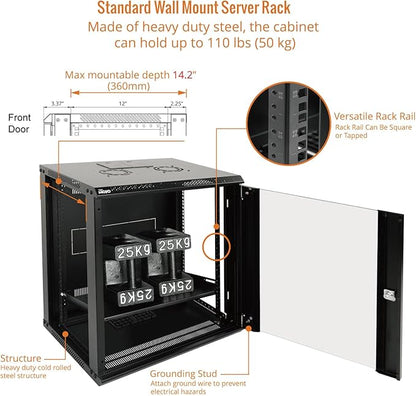Tecmojo 12U Wall Mount Server Cabinet IT Network Rack Enclosure Lockable Door and Side Panels Black,Cooling Fan,Glass Door,17.7inch Depth,for 19” IT Equipment,A/V Devices