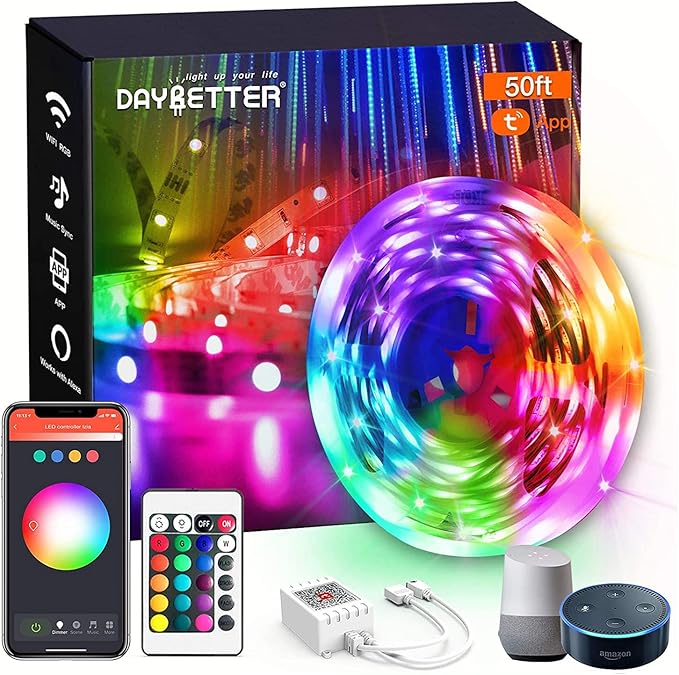 DAYBETTER Smart WiFi Led Lights, Tuya App Controlled, Work with Alexa and Google Assistant, Timer Schedule, RGB Strip Color Changing Décor for Bedroom Party Kitchen, 50ft