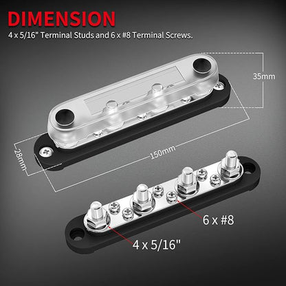DAIERTEK Bus Bar Terminal Block 4 x 5/16" (M8) Terminal Stud, 6 x #8 (M4) Screw Terminal Positive & Ground Power Distribution Block with Cover Marine Battery Bus Bar 12V - 48V for Automotive Car Boat