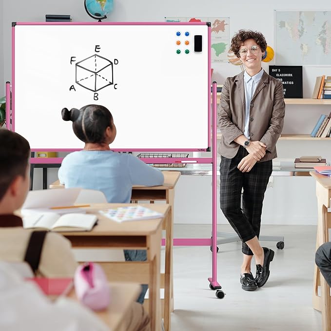Rolling Whiteboard, 48x32 Inches Dry Erase Board with Stand, Large Mobile Whiteboard on Wheels, Standing White Board for Office, School, Home, Magnetic Double Sided White Board with Paper Pad