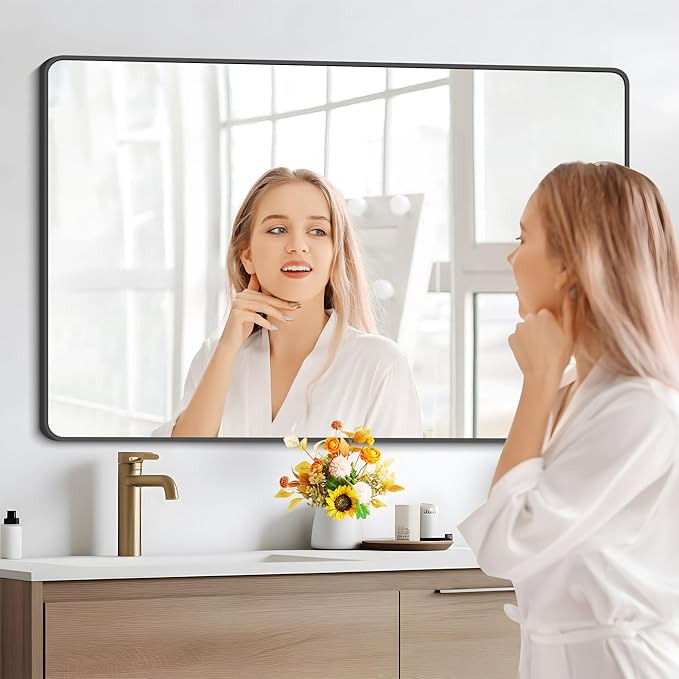 36" x 55"Bathroom Mirror, Matte Black Wall Mirror with Metal Frame, Decorative Rectangular Vanity Mirror for Bedroom Bathroom Living Room Entryway (Horizontal/Vertical)