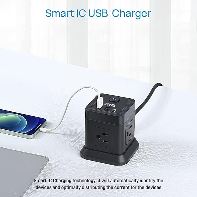 Power Strip with USB, FDTEK Flat Plug Extension Cord with 4 AC and 3 USB, 5 FT Power Cord Desktop Charging Station, Overload Protection, Compact Portable for Travel Home Office Cruise Ship - Black