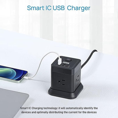 Power Strip with USB, FDTEK Flat Plug Extension Cord with 4 AC and 3 USB, 5 FT Power Cord Desktop Charging Station, Overload Protection, Compact Portable for Travel Home Office Cruise Ship - Black