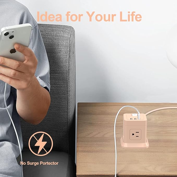 Cube Power Strip, FDTEK 4 Widely Spaced Outlet with 3 USB (1 USB C) Flat Plug Power Strips with Long Extension Cords Space Save Compact Portable for Travel Home Office Cruise - 10FT Pink