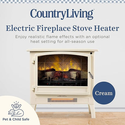 Country Living Infrared Freestanding Electric Fireplace Stove Heater in Cream | Multiple Flame Colors, Metal Design with Faux Wooden Logs | Alexa/WiFi Enabled - Remote Included