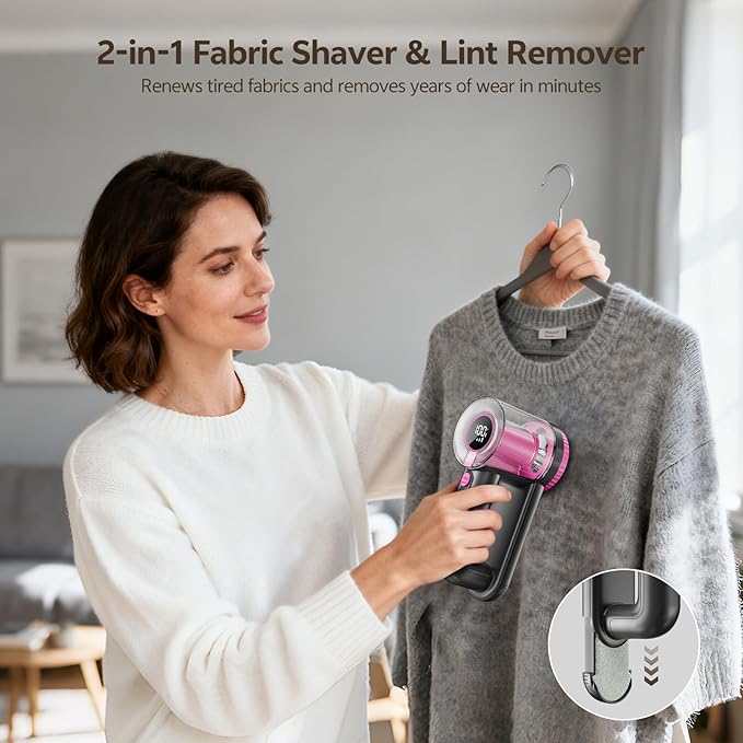 Rechargeable Fabric Shaver, 2-in-1 Lint Remover for Clothing, Furniture, Sweater with 6-Blade, 200ml Container, LED Display, 2000mAh USB-C, 3-Speed Lint Shaver Eliminates Fuzz & Pilling