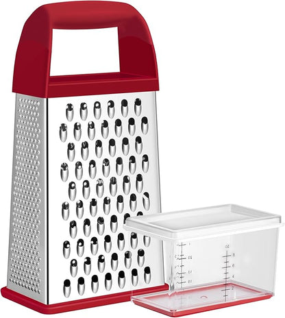 Urbanstrive Cheese Grater With Container, Professional Cheese Grater with Handle, Stainless Steel Graters for Kitchen Handheld, Box Grater with 4 Sides for Vegetables, Ginger, Potatoes (Red)