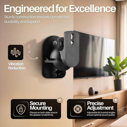 TNP Universal Satellite Speaker Wall Mount Bracket Ceiling Mount Clamp with Adjustable Swivel and Tilt Angle Rotation for Home Theater Surround Sound System Satellite Speakers - 2 Pack, Black