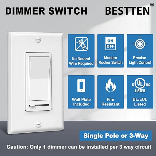 BESTTEN 10 Pack Dimmer Light Switch, Single-Pole or 3-Way Dimmer Switches, 120V, Compatible with Dimmable LED, CFL, Incandescent and Halogen Bulbs, Decorator Wallplate Included, UL Listed, White