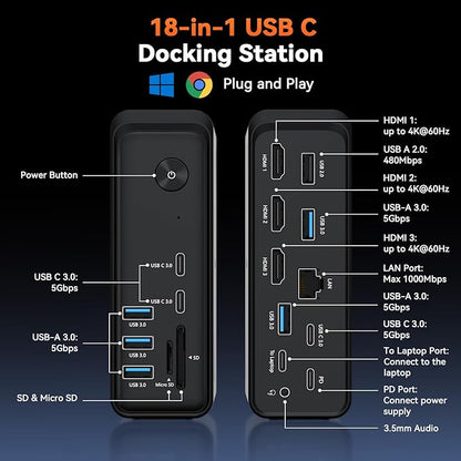 TobenONE 18 in 1 Laptop Docking Station 3 Monitors, Triple 4K Display with 3 HDMI, 9 USB Ports, Gigabit Ethernet, PD3.0, for Windows/Dell/Lenovo/HP/Thinkpad Laptops (No Power Adapter)