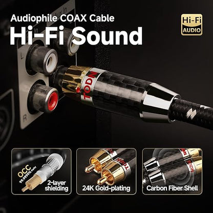 TODN HiFi Digital Coaxial Cable with OCC-Core 75-Ohm Audiophile SPDIF Coax RCA Audio Cable Supports Dolby, DTS, and 7.1 Surround Sound Digital Audio Formats (6.5ft /2m)