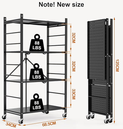 Himix Storage Shelves with 20 Hooks, 4-Tier Foldable Shelves for Storage, Folding Shelf Unit Pantry Shelves with Wheels, Metal Shelving Storage Rack Shelf for Kitchen Garage Home, Black - No Assembly
