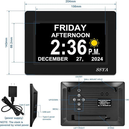 SSYA 7 Inch Calendar Clock - 12 Alarm Options, Level 5 Auto Dimmable Display,Extra Large Impaired Vision Digital Clock with Non-Abbreviated Day & Month (Black)