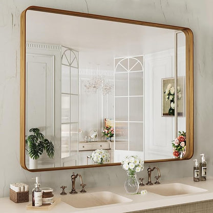 LOAAO 48X36 Inch Bathroom Mirror with Wood Grain Colored Metal Frame, Rounded Rectangle Metal Framed Bathroom Mirror, Anti-Rust, Hangs Horizontally or Vertically, Tempered Glass