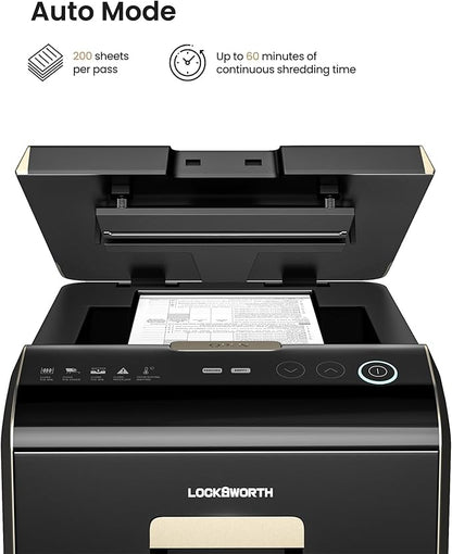 Locksworth 200-Sheet P-5 Micro-Cut Heavy-Duty Paper Shredder, 60-Min Continuous Run, 8.5-Gal Bin, Auto Jam-Proof, Home Office, High-Security