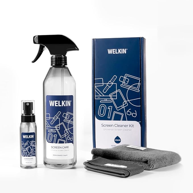 WELKIN Screen Cleaner Spray Kit (550ml + 60ml) - Cleaning Mist for TV, Laptop, Computer, Phone Touchscreen - 2 Sprayers，1 Microfiber Cloth & 1 Glass Wipe Included