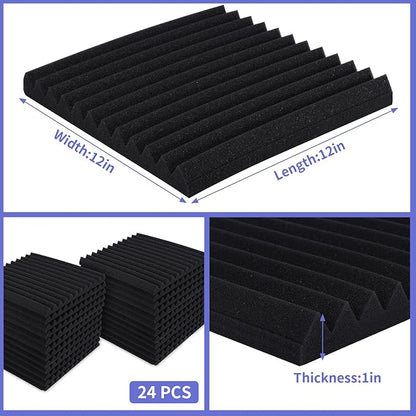 24 Pack Acoustic Panels, 1" X 12" X 12" Acoustic Foam Panels, Sound Proof Foam Panels, Self-Adhesive Soundproof Wall Panels ,Fire-Proofed Soundproofing Wedges,Acoustic Treatment Foams for Home-Black